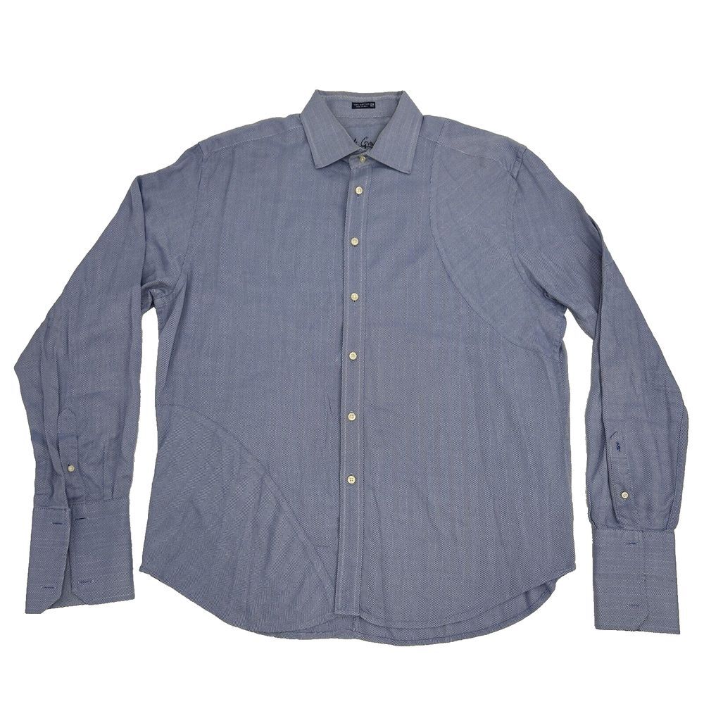 Robert Graham Shirt Men 2XL Blue White Herringbone Button‎ Up French Cuff